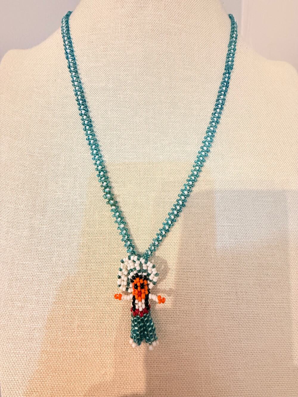 Vintage Native American Style Beaded Kachina Necklace 24” Seed Bead Pendant